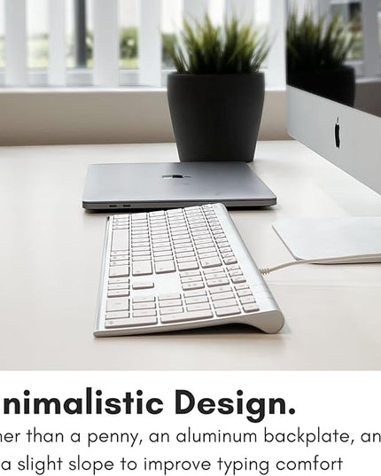 Macally Ultra Slim USB Wired Computer Keyboard - Compatible Apple Keyboard or Windows - Full Size with 20 Mac Keyboard Keys -with Numeric Keypad - Silver Aluminum Finish