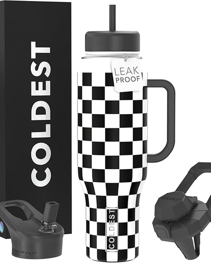 Coldest Tumbler with Handle and Straw, 100% Leak Proof Insulated Tumbler with Lid and Straw (3 Lids), Stainless Steel Tumblers for Women & Men, Cup Holder Friendly, 46 oz (Black Checkers)