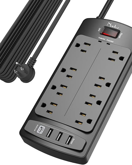 Surge Protector Power Strip - Nuetsa Flat Plug Extension Cord with 8 Outlets and 4 USB Ports, 20 Feet Power Cord (1625W/13A), 2700 Joules, ETL Listed, Black