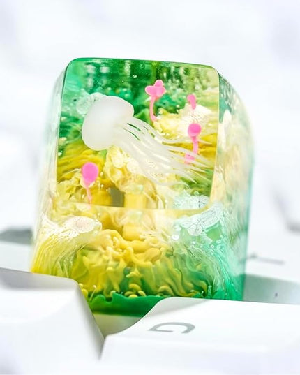 Jellyfish Artisan Keycap Yellow Green Coral R1 SA Profile Custom Sea Creature Keycaps 1U ESC Handmade Gaming Sea Resin Key Cap Cherry MX Switch Compatible Mechanical Keyboard Jellyfish Lover Gift