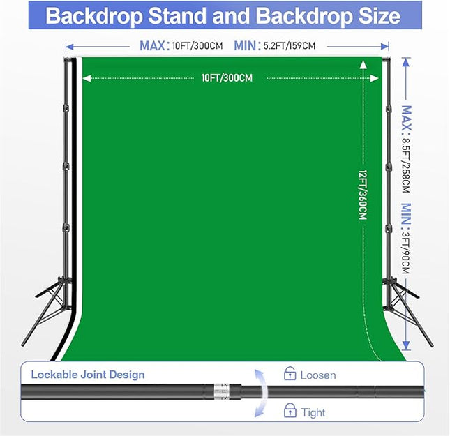 EMART 8.5x10ft Green Screen Backdrop Kit with Sand Bag, Photography Background Support System with 10x12ft Polyester Backdrop(Black/White/Green) for Photography, Parties, Wedding, Video Shooting