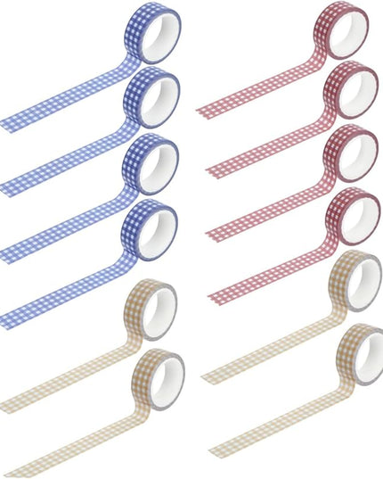 VILLCASE 12 Rolls Vintage Grid Pattern Washi Tape Retro Decorative Paper Tapes for DIY Journals Scrapbooking Planners Crafts Red Blue Yellow for Creative Stationery and Wrapping