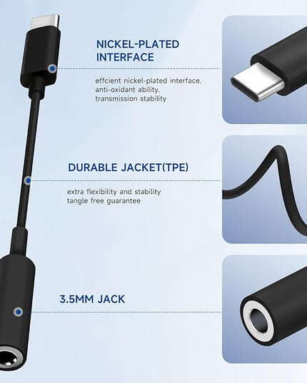 USB C to 3.5mm Headphone Jack Adapter for iPhone17/ iPhone 16/16 Pro/15/15 Pro/Pro Max/Plus, Type C Aux Audio Dongle Cable Cord Compatible with iPad, Samsung Galaxy S23/S23/S22/S21, MacBook（Black）
