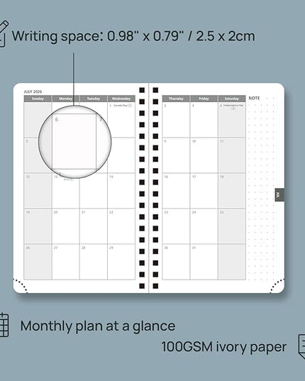 POPRUN 2026 Planner (Pocket Size 4''x 6.25'' Wire-Bond Hard Cover) Calendar Weekly and Monthly (Jan.2026-Dec.2026) Small Planner with Hourly Time Slots, for Purse, 100 GSM - Light Yellow