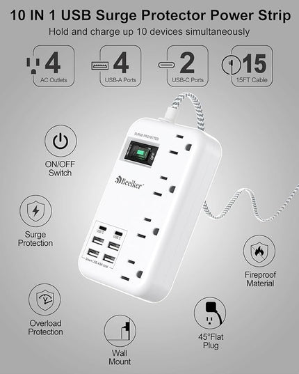 6 USB(2 USB C) Surge Protector Power Strip- 15 Ft Extension Cord with 6 USB Charging Station and 4 Outlets, Flat Plug Long Braided Extension Cord with Multiple Outlets Wall Mount for Home Office Dorm