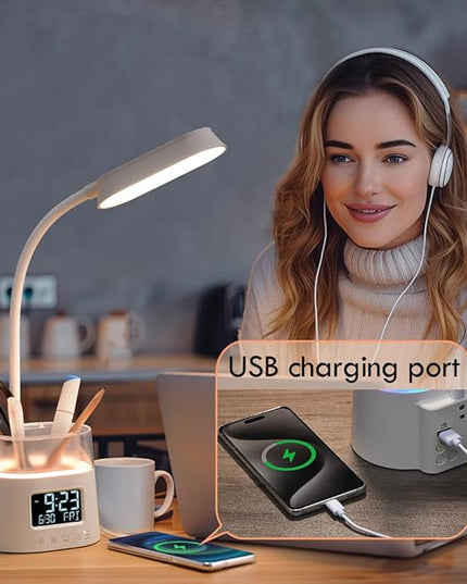 WILIT LED Desk Lamps for Home Office with Pen Holder, Table Lamp for Bedroom with USB Charging Port & Clock, RGB Night Light, Study Lamp for Kids Student, Desk Lamp for College Dorm Room Essentials