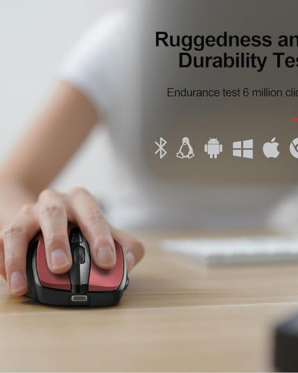 TECKNET Wireless Mouse (BT5.0/3.0 & 2.4G) Rechargeable 4800 DPI Silent USB A & Bluetooth Mouse 6 Buttons, Wide Compatibility - Red