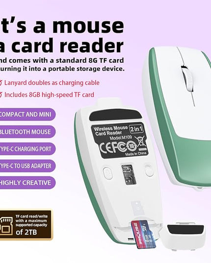 Mini 2-in-1 Wireless Bluetooth Mouse & TF Card Reader - 8GB TF Card Included, Type-C to USB Adapter, Rechargeable, Ultra-Compact (78×38×22mm), Perfect for Travel, Office & On-The-Go, Green