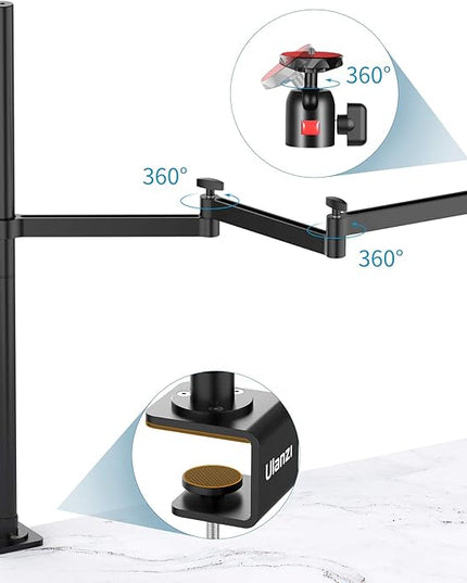 ULANZI Camera Desk Mount Stand with Flexible Arm, Overhead Mount, Articulated Arm with 360° Rotatable Ball Head, Aluminum Desk Mounting Stand for Ring Light/DSLR Camera/Webcam/Panel Light