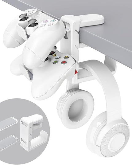 3-in-1 PC Gaming Headset&Controller Holder - EURPMASK Headphone Stand w/Adjustable Clamp&2 Controller Holder&Rotating Arm&Cable Organizer, Universal PC Gaming Accessory Controller Headset Stand-White