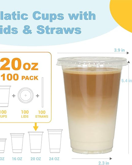 Coolcap 20 oz 100 Pack Disposable Clear Plastic Cups with Lids and Straws, Food Safe Bulk Iced Coffee Cups for Smoothies, Milkshakes and Other Cold Drinks