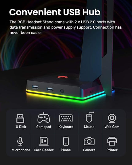 IFYOO RGB Gaming Headset Stand with 2 USB Ports, Game Headphone Mount for PC, Xbox One, PS4, Switch, Earphone Holder Hanger, Great for Gaming Stations, Fancy Desk Gamer Accessories, Black