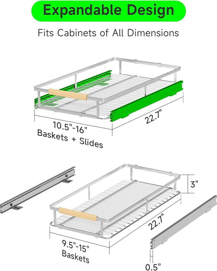 SOFRON Expandable Pull Out Drawers for Cabinets, Kitchen Cabinet Slide Out Shelves, Adjustable Roll Out Drawers, Stainless Steel, Small 2 Pack, (10.5"-16") W * 22.7"D