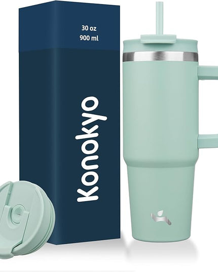 30 oz Tumbler with Handle and 2 Straws,2 in 1 Lid Insulated Water Bottle Stainless Steel Travel Coffee Mug,Retro Green