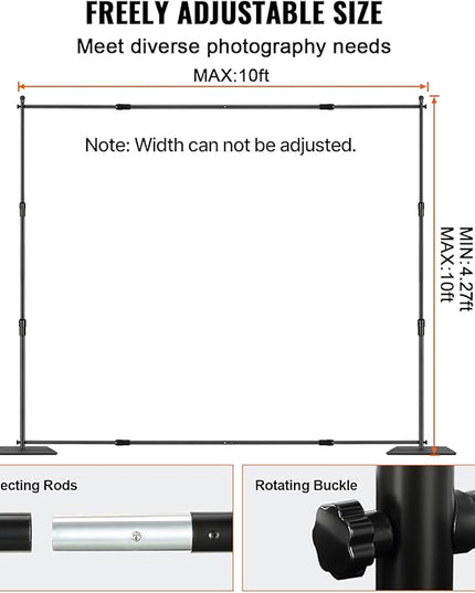 VEVOR 10ft x10ft Pipe and Drape Kit, Heavy Duty Backdrop Stand with Carbon Steel Base, Adjustable Backdrop Support with 2 Clamps and A Carry Bag for Wedding, Party, Event, Photography and Exhibition