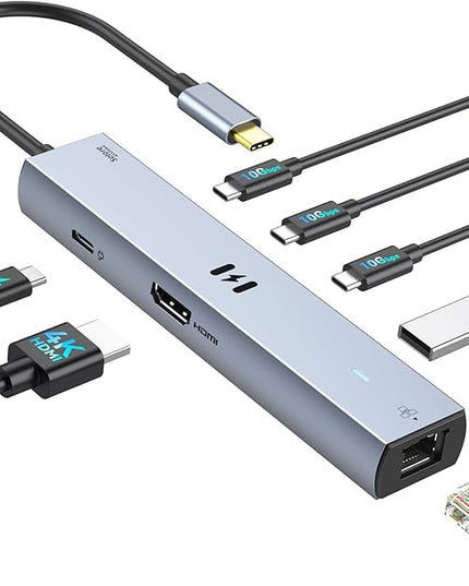 Selore 10Gbps USB C Hub Multiport Adapter, Ethernet Adapter with 4K@60Hz HDMI, Gigabit Ethernet, 3 USB C Ports, 100W PD, USBC Dongle for MacBook Pro Air, iPad, HP, Dell, etc