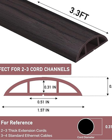 Floor Cord Cover Self Adhesive Cord Hider Floor Extension Cord Covers for Floor Power Cord Protector Cable Management Prevent Cable Trips Cable Cavity 0.51" W x 0.31" H (Dark Walnut, 3.3Ft)