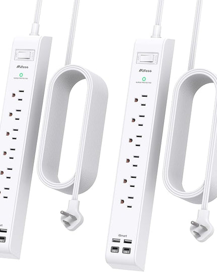 2 Pack Power Strip, 15FT Long Extension Cord, Surge Protector with 6 Outlets and 4 USB Charging Ports(2 USB C), Flat Plug Overload Protection, Wall Mount for Home Office Dorm College