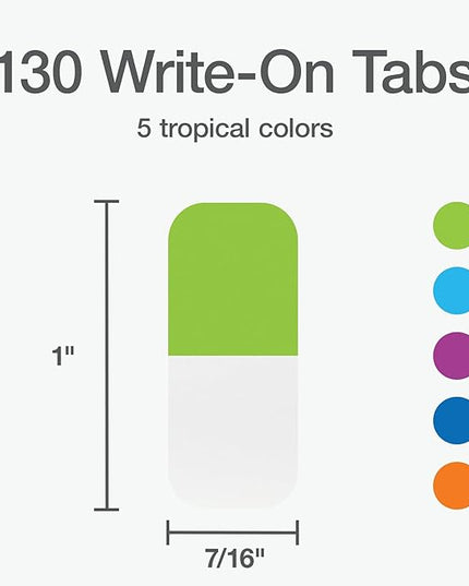 Redi-Tag Write-On Tabs, Permanent Adhesive Index Tabs, Tropical Colors: Purple, Green, Blue, Dark Blue, Orange, 1" x 7/16", 130 Pack (1009304)