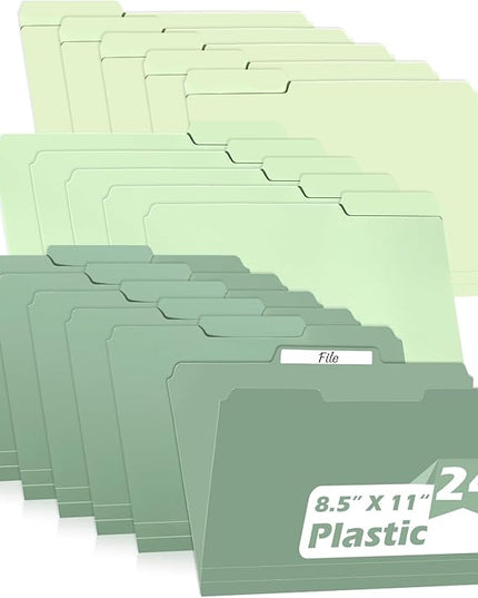 24 Pack Colored File Folders Plastic Green File Folders Letter Size 1/3 Cut Tabs File Folder with Sticky Labels Manila File Folders 8.5 X 11 for Documents Office School Organizer(8 Per Color)