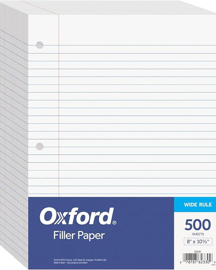 Oxford Filler Paper, 8 x 10-1/2 Inch Wide Ruled Paper, 3 Hole Punch, Loose Leaf Notebook Paper for 3 Ring Binders, 500 sheets (62330), white
