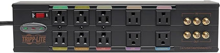 Tripp Lite Isobar 10 Outlet Audio/Video Surge Protector Tel/Modem/Coax/Network 8ft Cord Right Angle Plug, & $500,000 Insurance (HT10DBS) Black