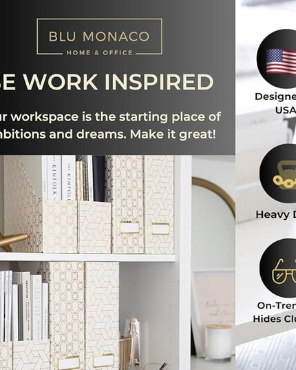 BLU MONACO | Cardboard Magazine File Holder Set of 4 | Vertical Magazine File Holder for Desk and Shelves | Cream Gold Foldable Magazine Holders with Label Slots