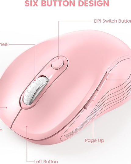 WisFox 2.4G Wireless Mouse for Laptop, Ergonomic Computer Mouse with USB Receiver and Type-C Adapter, 3 Adjustable Levels DPI, 6 Button Cordless Wireless Mice (Blush Pink)