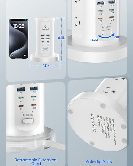 115W USB Charging Station, Surge Protector Power Strip Tower, 9 AC Outlets with 8 USB Ports(4 USB-C), 6Ft Flat Plug Retractable Extension Cord, for Home Office Dorm, White
