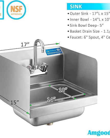 Express KitchQuip 15" x 17" Stainless Steel Wall Mount Hand Sink with Gooseneck Faucet & Side Splash – NSF Certified Commercial Handwashing Basin
