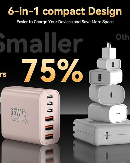 USB C Fast Charger Block, iPhone Charger Fast Charging Blocks 65W Multi Port Charger 6-Ports PD & QC Charging Cube Brick Power Adapter Type C Wall Chargers for iPhone 17/16/15/14/13/12 Pro Max, iPad