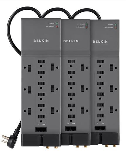 Belkin 12-Outlet Power Strip Surge Protector with 10-Foot Cord and Telephone, Ethernet, Coaxial Protection, BE112234-10, Gray -(Pack of 3)