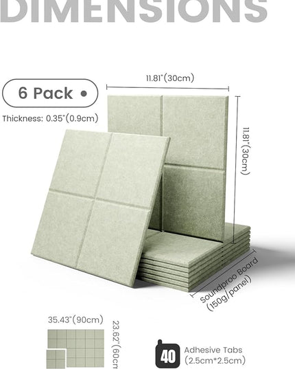 Large Felt Bulletin Board 36"x24", 6-Pack 4-Compartment Wall Organizer, Cork Board Alternative with 60 Removable Adhesive Tabs, Modular Felt Panels for Home Office, Classroom and Study-Sage