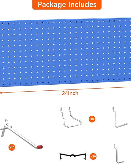 TORACK Metal Pegboard Wall Organizer 24" x 24" or 12" x 48", 70 PCS Tools Storage Pegboard for Garage Tool Organizer Pegboard with Peg Board Hooks for Workbench(Blue)