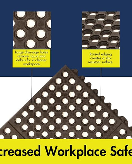 NoTrax 3' x 3' Light-Duty Rubber Drainage Mat, Customizable Modular Interlocking Design with Ergonomic Support, Lightweight, Anti-Fatigue, Non-Slip Surface, Black, 501S0033BL