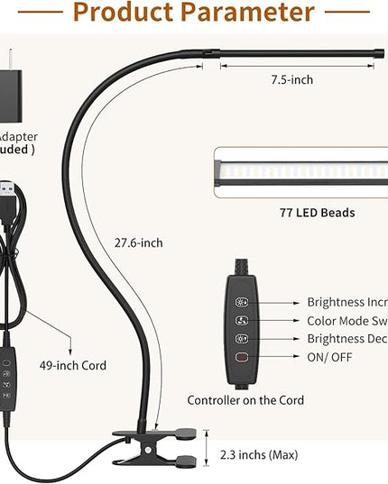 iZELL LED Desk Lamp for Home Office with Clamp [77 LEDs Light 3 Color Modes & 10 Brightness Levels] Flexible Gooseneck Book Lights, Easy Clip on Reading Headboard