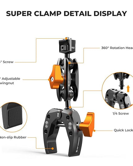 K&F CONCEPT Camera Clamp Mount, Super Clamp Mount Magic Arm with Two 360° Ball Heads, ARRI 1/4" Screw Threads for DSLRs, Action Camera, Tripod, Phone Compatible with Gopro/DJI/Insta360