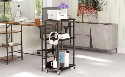YMYNY Mobile Printer Stand, 3-Tier Printer Cart with Adjustable Storage Shelf and 6 S-Hooks, Tall Printer Table for Home Office, for Computer Tower Stand, Shredder, CPU Stand, Black, UHPT002B