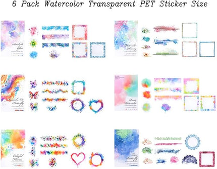 Dwpetzo 120Pcs Watercolor Decorative Stickers for Journaling, 6 Pack Flower Lace Frame Transparent PET Stickers for Scrapbooking, Junk Journal Supplies, Collage, Card Making, Crafts Arts