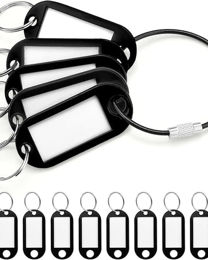 10 Pack Plastic Key Tags with Labels and Split Ring, Black Cable Key Ring and Key Labels for Keys, USB Drive and Luggage Organization - Black