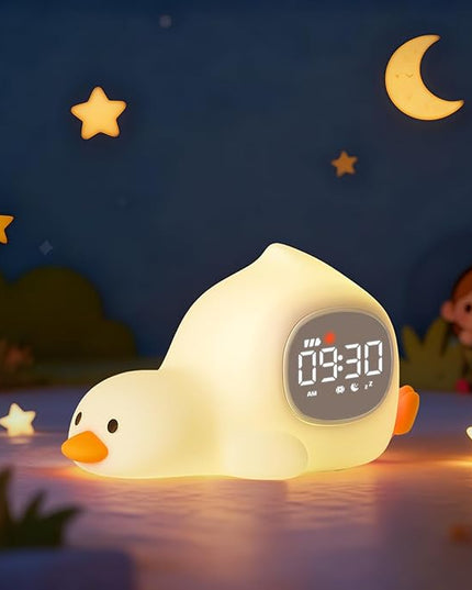 Laying Duck Alarm Clock with Night Light for Kids with Sleep Training and Sound Machine, Rechargeable Silicone Lamp OK to Wake Clock，Cute Animal Tabletop Lamp, Perfect Sleep Companion for Boys Girls