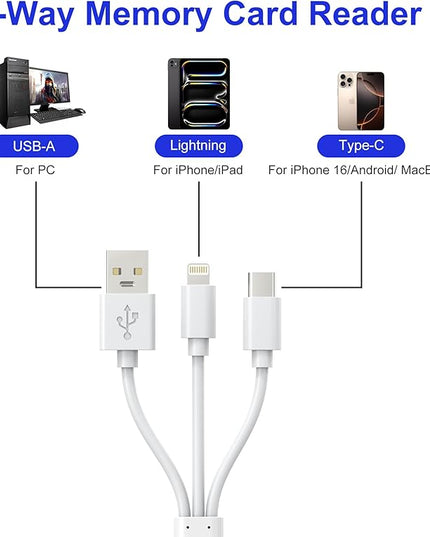 XD Card Reader, 3-in-1 SD/TF/XD Card Adapter - Lightning + USB A + USB C SD Card Reader Plug & Play, OTG Memory Card Reader for iPhone 17/16/15/14/iPad/PC/Android