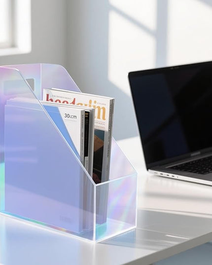 Acrylic Magazine Rack Desk File Holder Organizer for Office Desktop Vertical Magazine Storage Box, 12 x 10 x 5'', Iridescent