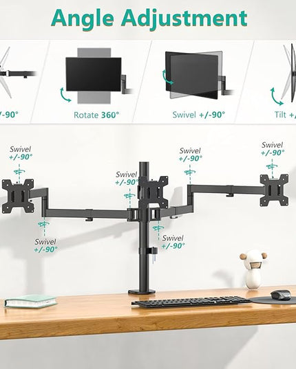 WALI Triple Monitor Mount, 3 Monitor Desk Mount for 13-27 inch Computer Screens, Holds up to 22 lbs, Triple Monitors Stand for Desk, with Tilt, Swivel, Rotation, VESA 75/100mm (M003S), Black