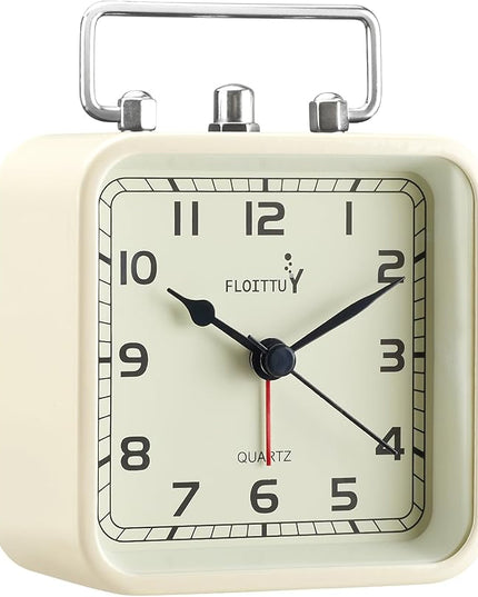 FLOITTUY Square Metal Beep Alarm Clock Silent No Ticking, Snooze and Battery Operated, Night Light and Desk Clock for Bedroom/Travel/Kids, Easy Set(Cream White)