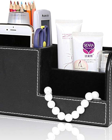 KINGFOM Desk Organizer Office Supplies Caddy Pu Leather Multi-function Storage Box Pen/Pencil,Cell phone, Business Name Cards Remote Control Holder Black
