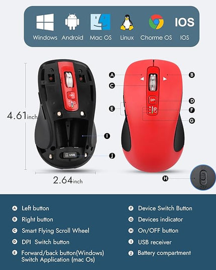 Wireless Bluetooth Mouse (USB + BT1 + BT2), Full Size, 4-Way Scrolling, Multi-Device Silent Mouse for Computer, Laptop, iPad, MacBook (Red)