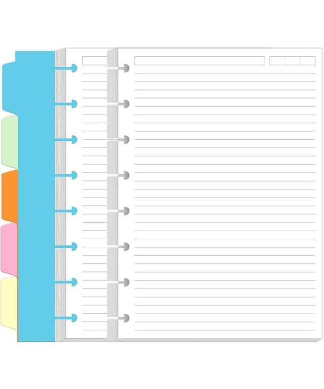 Junior Size Lined Paper Refills - 100 Sheets/200 Pages 8-Disc Refill Paper, 5 Colorful Sheets Dividers, 5.8" x 8.5"