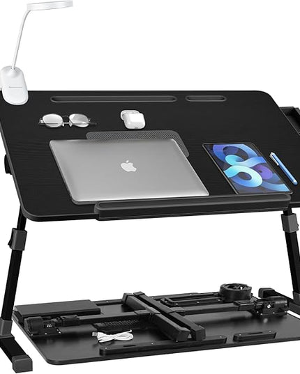 iXTRA Laptop Lap Desk with Cooling Fan - Adjustable Bed Desk with Light, Bed Table with Cup Holder&Phone Holder - Storage Drawer Desk - Folding Bed Desk,Black,70x45cm