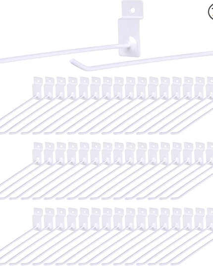 Moxweyeni 100 Pack Slatwall Hooks Slatwall Accessories Slat Wall Hanging Pegboard Hangers Slat Board Display Hooks for Retail Garage Organization Gridwall, White(7.8 Inch)